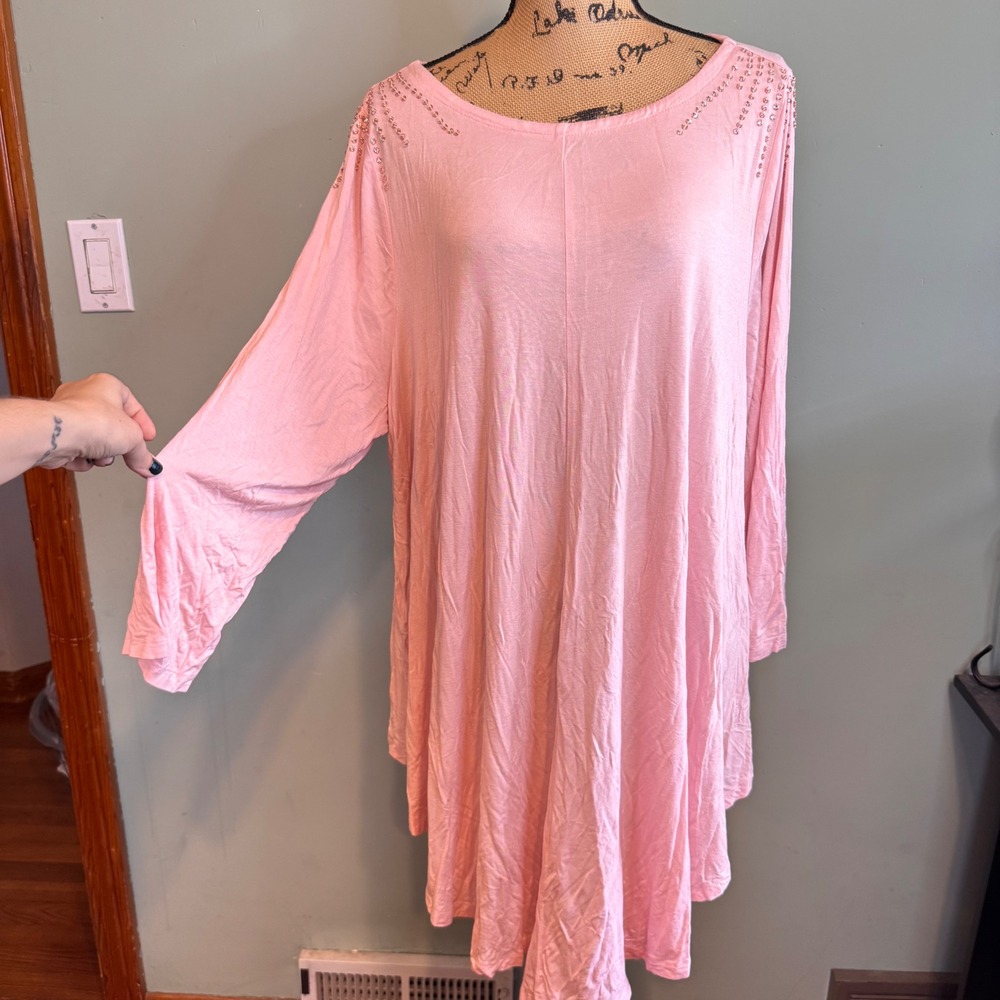 Roamans Pink Studded Shoulder Long Sleeve Tunic Top 2X